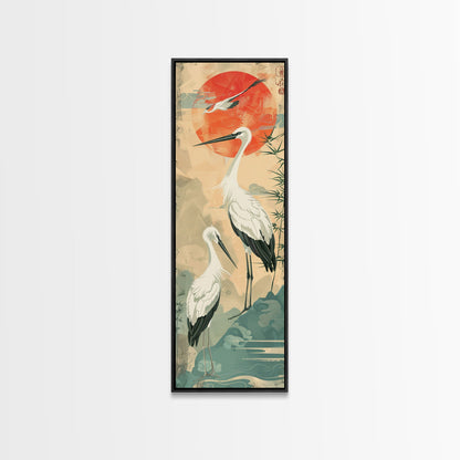 Tall Japanese Cranes Under a Vibrant Red Sun Ukiyo-e Art Skinny Framed Canvas Print Traditional Japanese Nature Scene