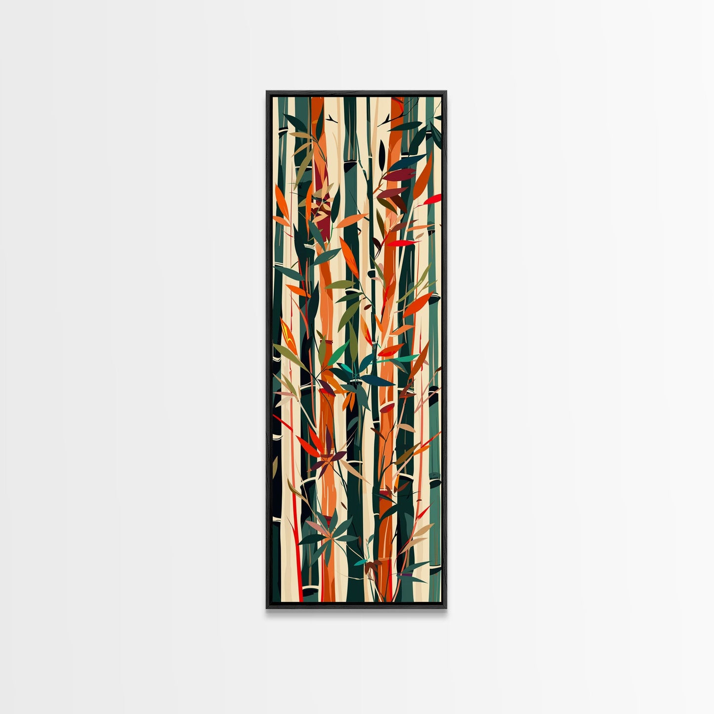 Colorful Bamboo Forest Skinny Art Ukiyo-e Tall Framed Canvas Print in Bright Autumn Hues
