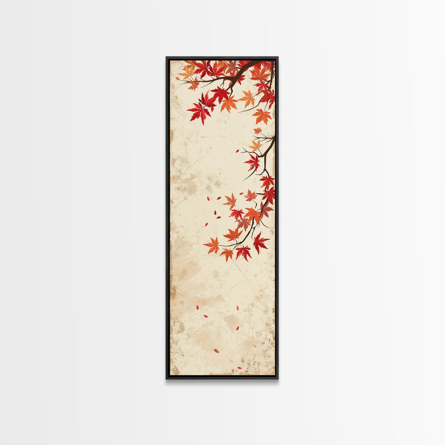 Skinny Art Maple Branch In Japanese Style Wood Block Print Autumn Leaves On Framed Canvas Print, Tall Art Ukiyo-e