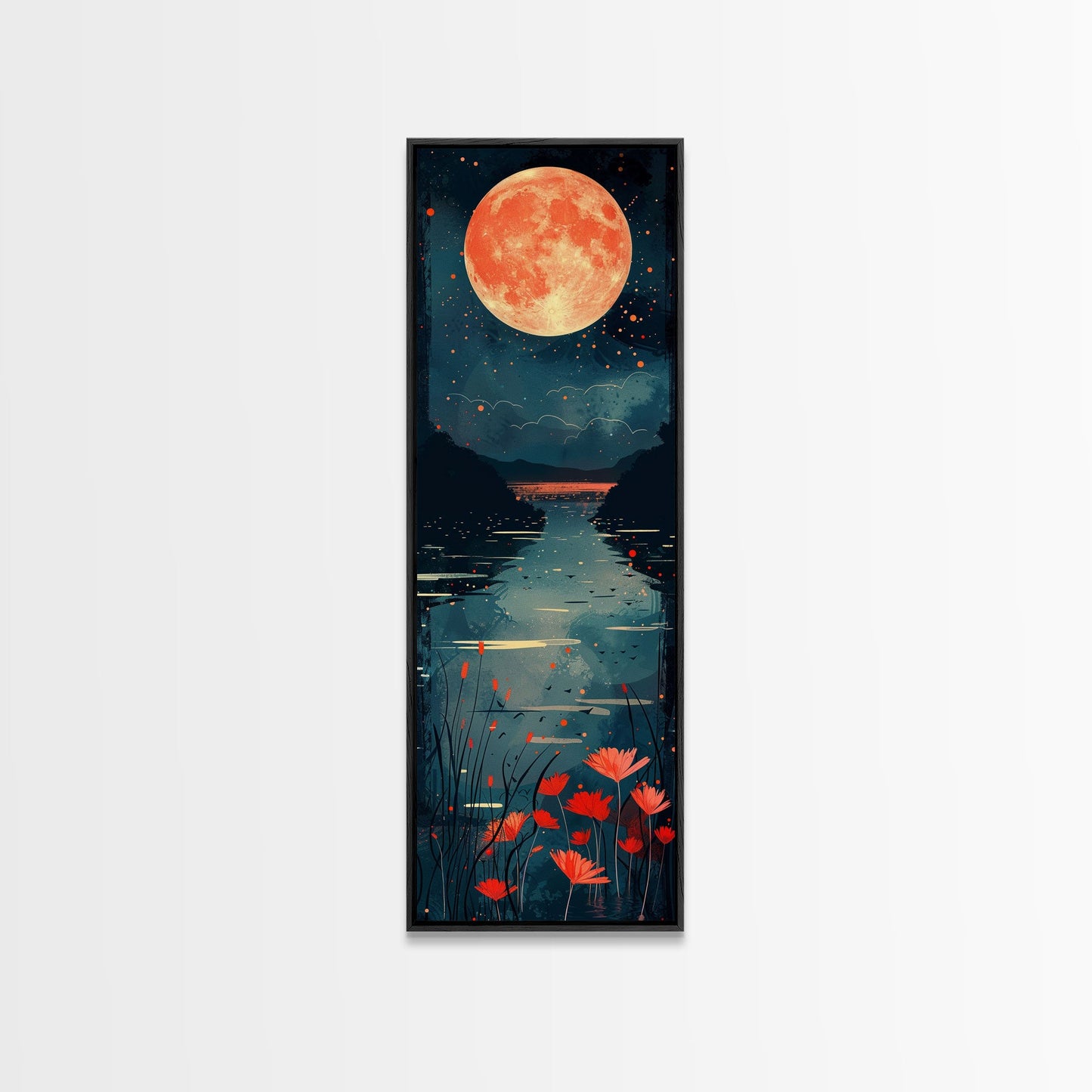 Skinny Art Full Moon Over Lake In Japanese Style Wood Block Print Vibrant Night Scene On Framed Canvas Print, Tall Art Ukiyo-e
