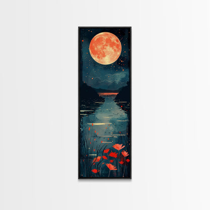 Skinny Art Full Moon Over Lake In Japanese Style Wood Block Print Vibrant Night Scene On Framed Canvas Print, Tall Art Ukiyo-e