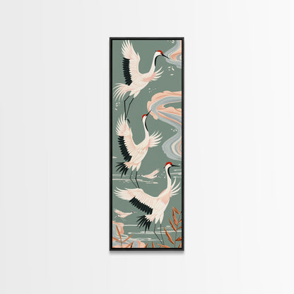 Cranes In Flight Framed Canvas Print, Traditional Japanese Art With Soft Colors And Detailed Wings, Wall Art Ready To Hang