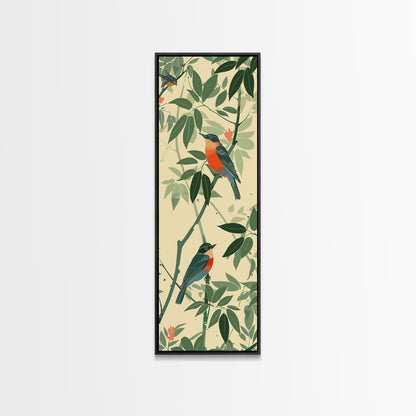 Skinny Art Tall Art Framed Canvas Print Birds Amongst Dense Greenery And Red Flowers Ukiyo-e Japanese Style Art Wood Block Print