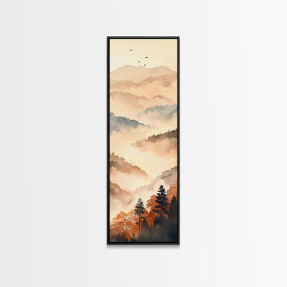 Skinny Art Tall Art Framed Canvas Print Layers Of Misty Mountains In Soft Warm Hues Ukiyo-e Japanese Style Art Wood Block Print