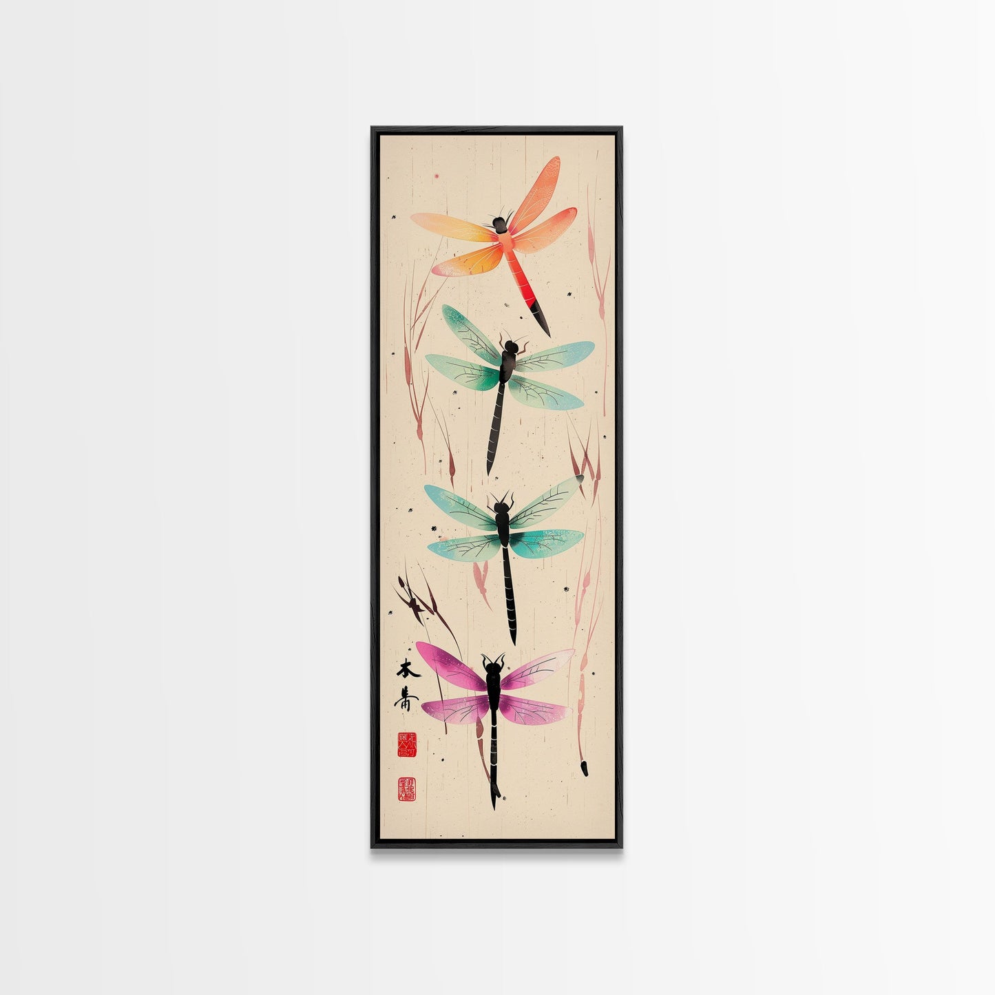 Dragonflies In Flight With Delicate Details Japanese Style Framed Canvas Print, Wall Art Ready To Hang For Nature Lovers