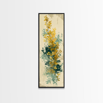Golden Foliage Set Against Green Textured Background Skinny Art Tall Art Framed Canvas Print Japanese Style Art Ukiyo-e Art Wood Block Print Natural Elegant