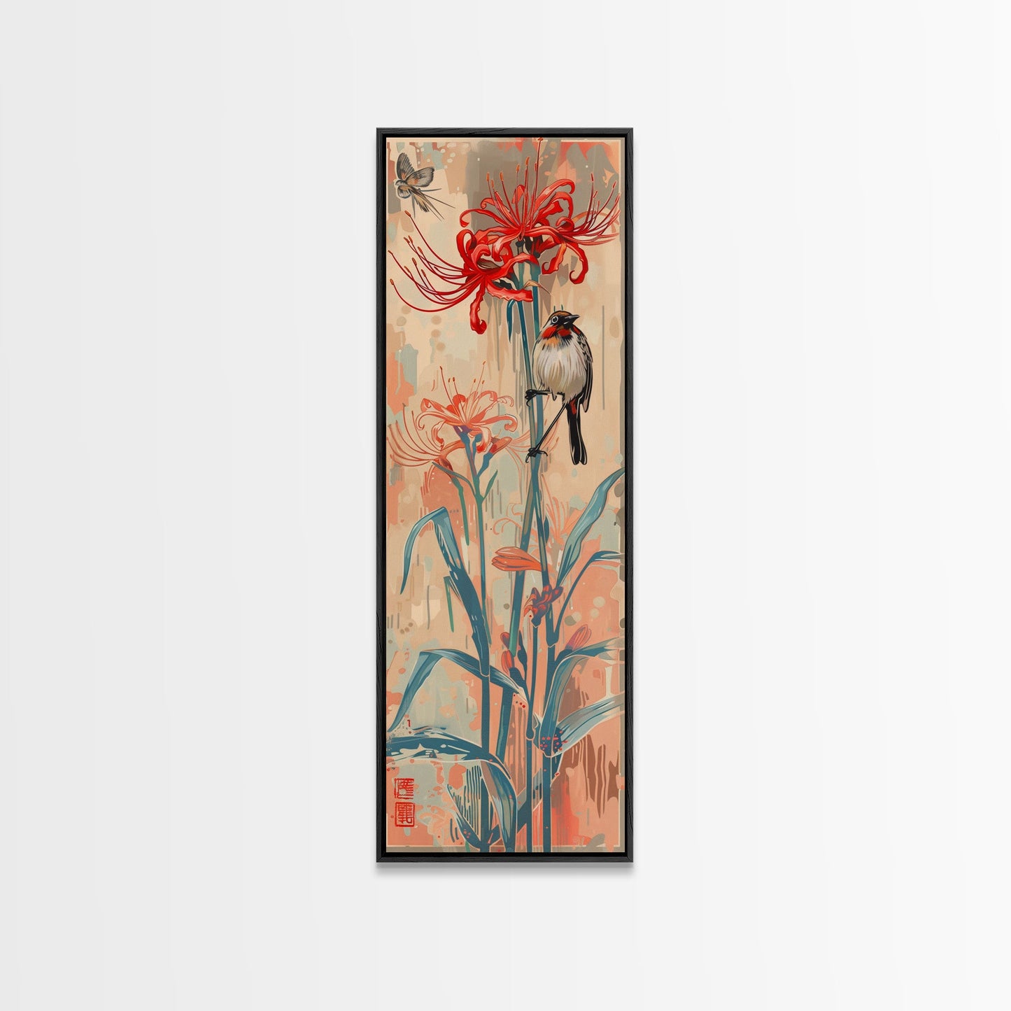 Bird Perched On Bright Red Lily Flower Skinny Art Tall Art Framed Canvas Print Japanese Style Art Ukiyo-e Art Wood Block Print Floral Detailed