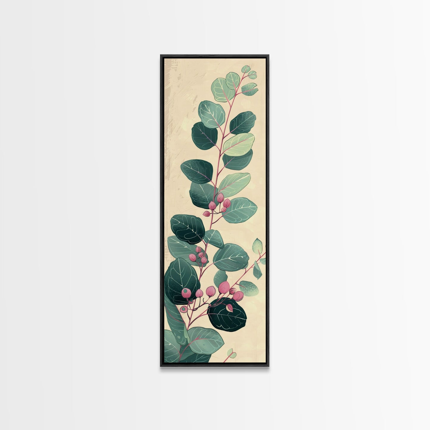 Delicate Green Leaves And Pink Buds On A Branch Against A Textured Background, Skinny Art Tall Wall Art Framed Canvas Print Japanese Style Art