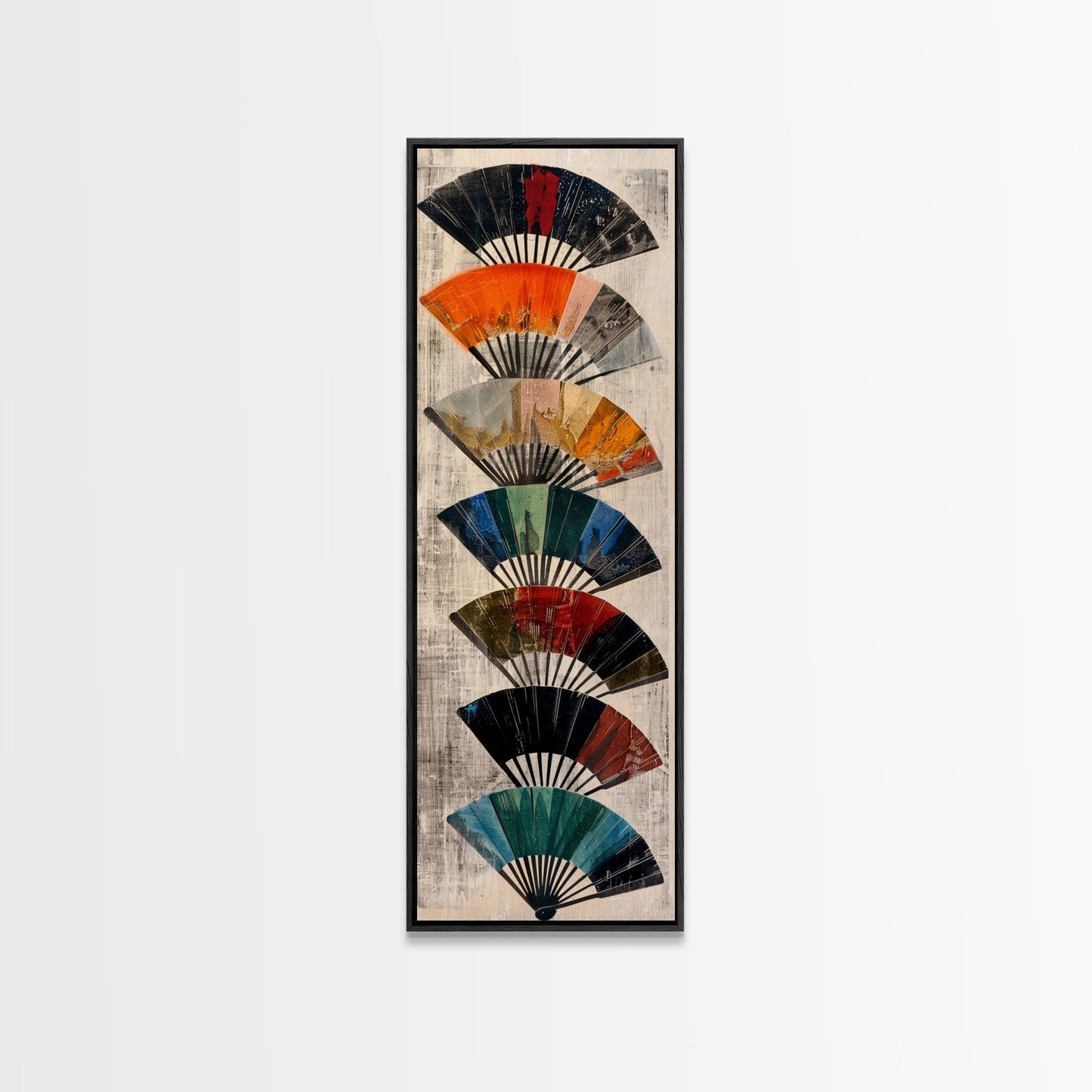 Seven Japanese Fans In Various Colors Arranged Vertically On A Textured Background, Skinny Art Tall Wall Art Framed Canvas Print Japanese Style Art