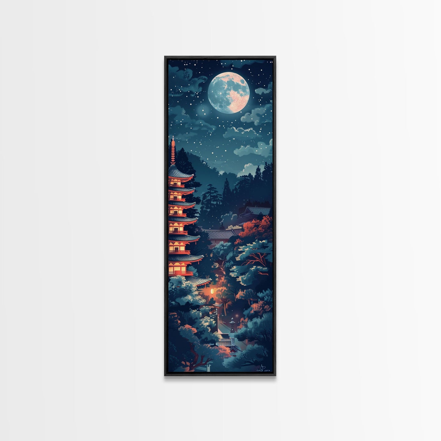Peaceful Japanese Temple And Pagoda Under A Full Moon, Skinny Art Tall Wall Art Framed Canvas Print Japanese Style Art