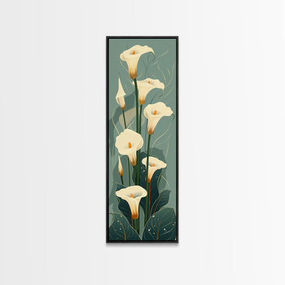 White Calla Lilies on Green Background, Tall Framed Canvas Print in Japanese Ukiyo-e Style Wall Art