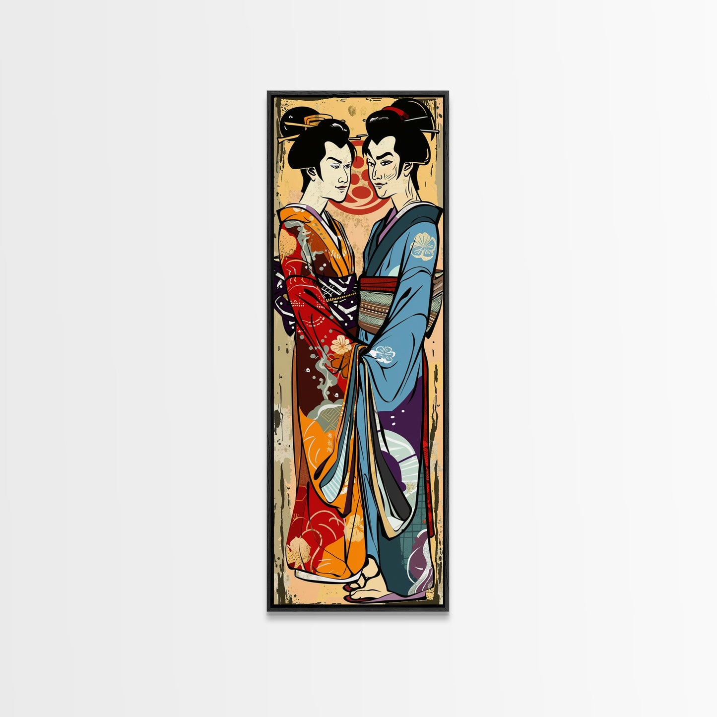 Japanisches Paar im traditionellen Kimono, Hochformatiger, schlanker, gerahmter Leinwanddruck für die Wand
