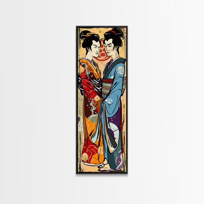 Japanisches Paar im traditionellen Kimono, Hochformatiger, schlanker, gerahmter Leinwanddruck für die Wand