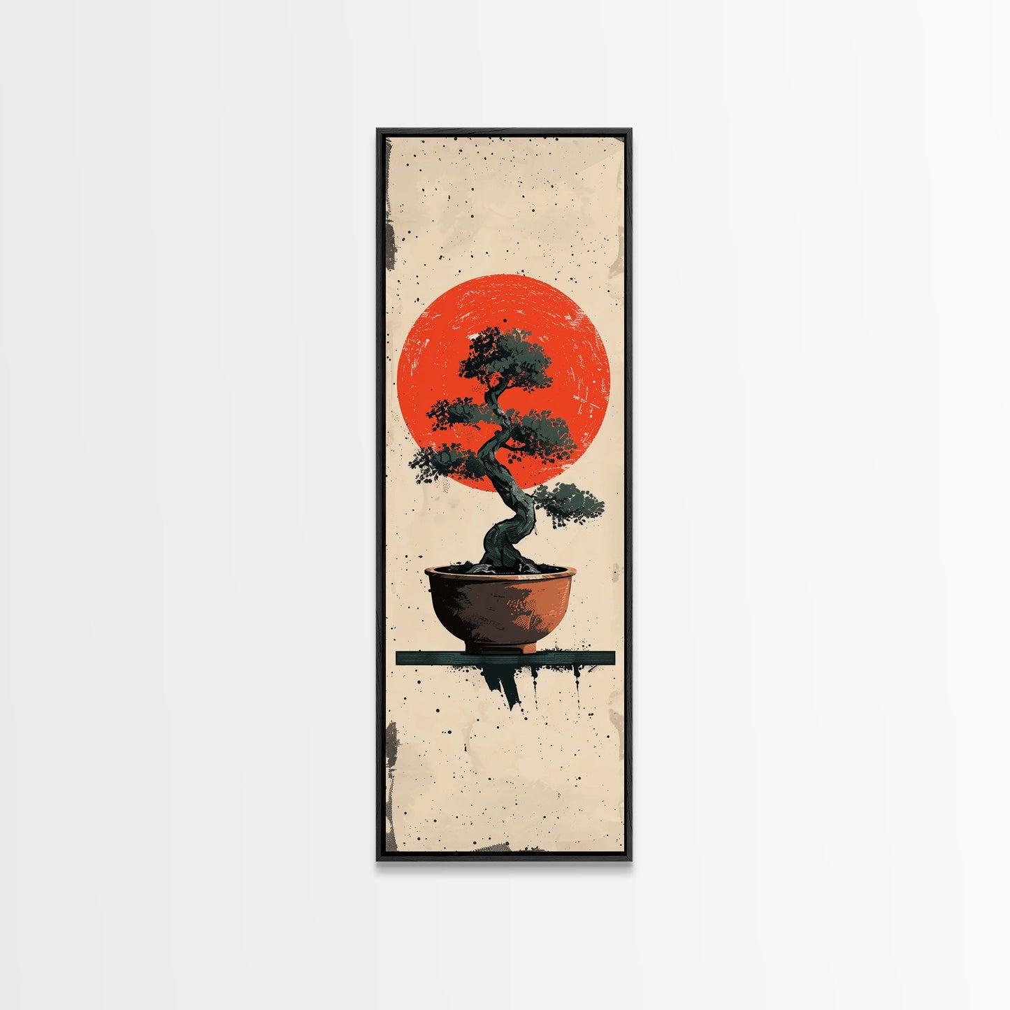 Canvas Print Bonsai Tree Silhouette Against Red Sun, Minimalistic Japanese Style Art For Modern Home, Wall Decoration