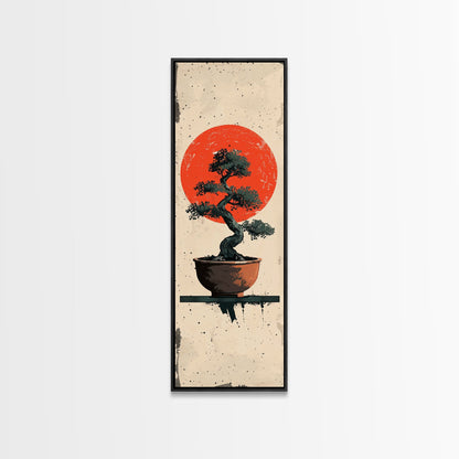 Canvas Print Bonsai Tree Silhouette Against Red Sun, Minimalistic Japanese Style Art For Modern Home, Wall Decoration