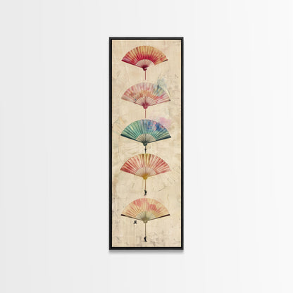 Japanese Folding Fans Cultural Art On Framed Canvas Print In Ukiyo-e Style Tall Skinny Traditional Wood Block Wall Decor