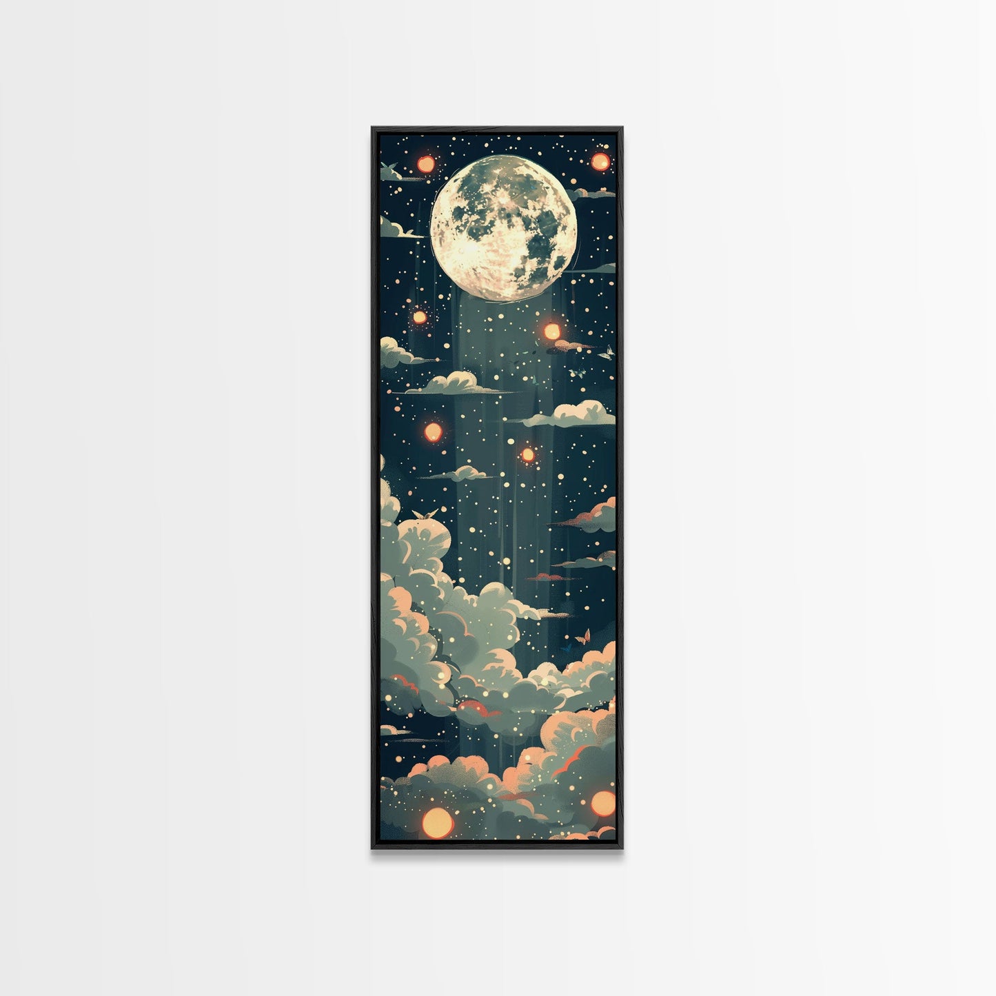Moonlit Night With Japanese Lanterns Art On Framed Canvas Print In Ukiyo-e Style Tall Skinny Ethereal Wood Block Wall Decor