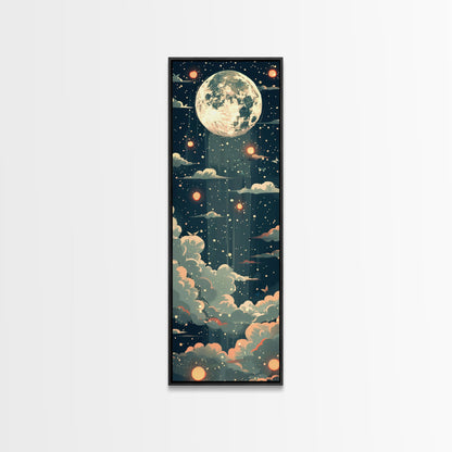 Moonlit Night With Japanese Lanterns Art On Framed Canvas Print In Ukiyo-e Style Tall Skinny Ethereal Wood Block Wall Decor