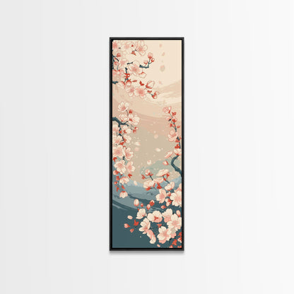 Cherry Blossom Branches Pale Background Japanese Style Tall Skinny Framed Canvas Print Wall Art