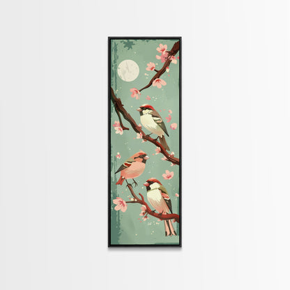 Delicate Sparrows Perched On Cherry Blossoms Under Full Moon Serene Nighttime Setting Captured Tall Framed Canvas Print Nature Scene