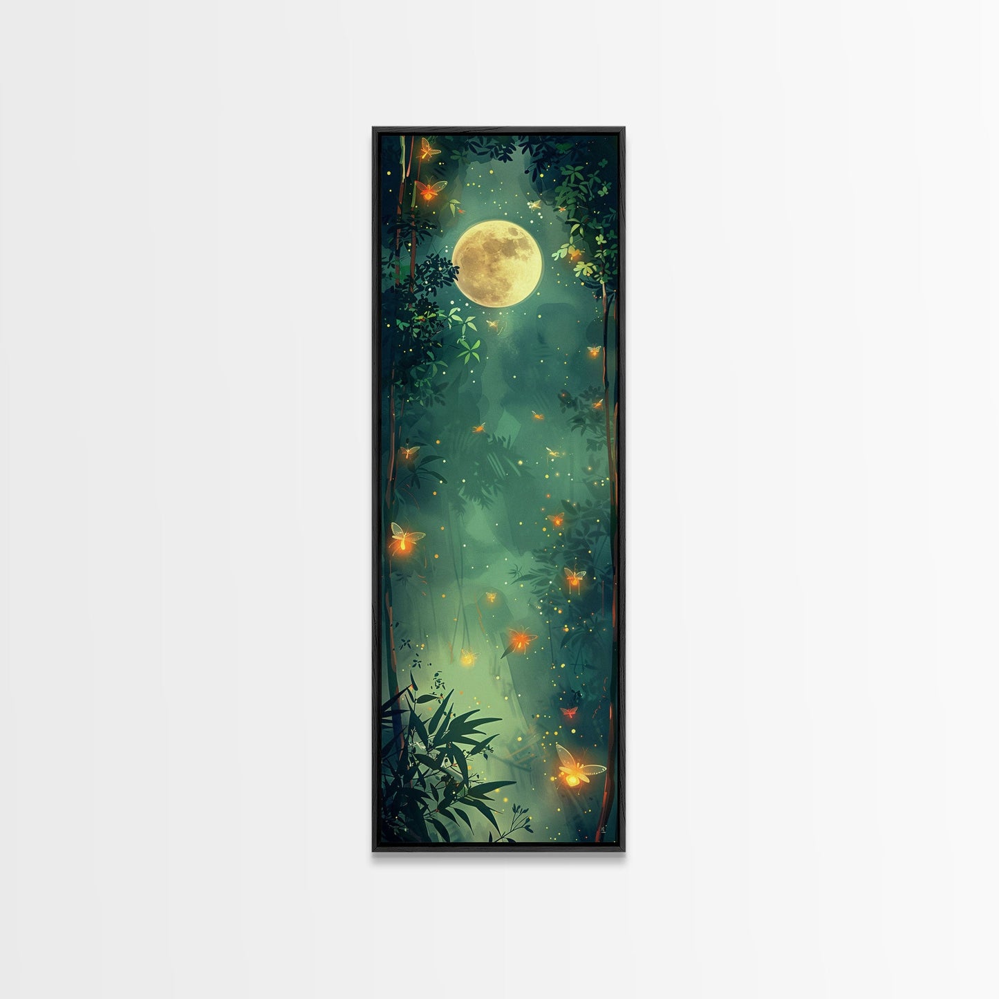 Enchanting Fireflies Illuminating Nighttime Forest Scene Under Full Moon Tall Framed Canvas Print Adding Magical Touch
