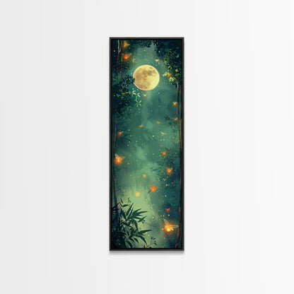 Enchanting Fireflies Illuminating Nighttime Forest Scene Under Full Moon Tall Framed Canvas Print Adding Magical Touch