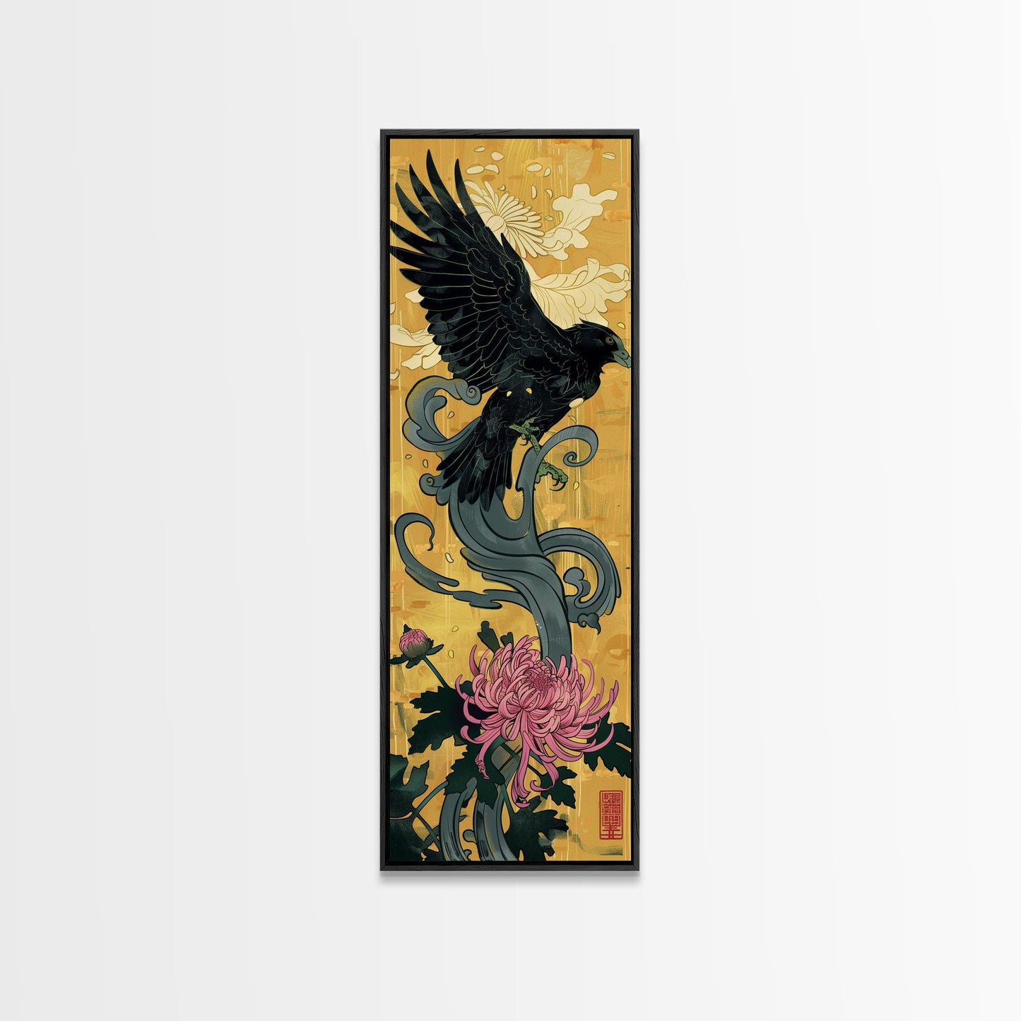 Canvas Print Japanese Eagle In Flight Over Chrysanthemum Flowers, Bold Traditional Art For Statement Wall Piece, Cultural Home Decor