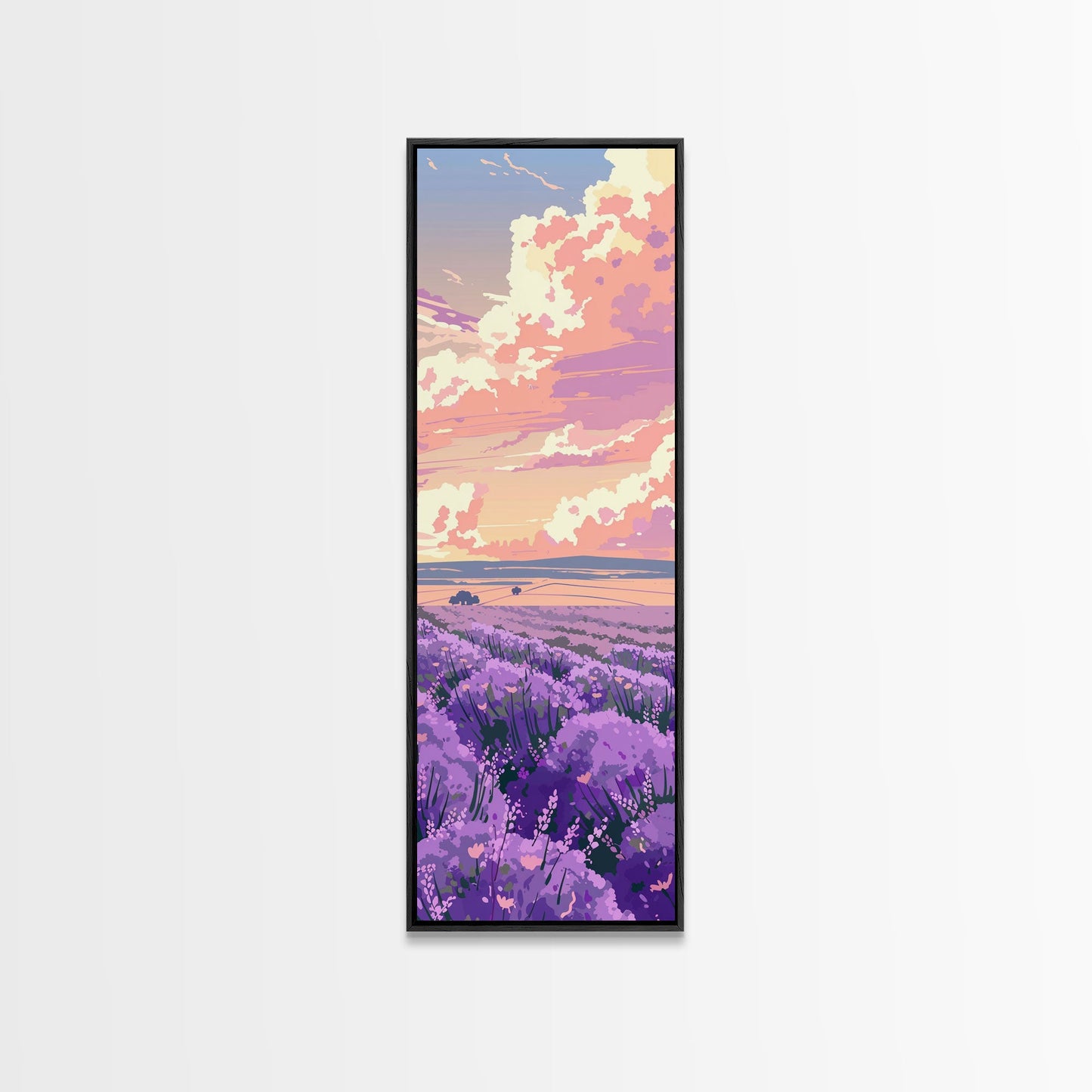 Expansive Lavender Field Beneath a Dramatic Cloudy Sky in Warm Pastel Hues Ukiyo-e Art Japanese Framed Canvas Print Skinny Tall Art