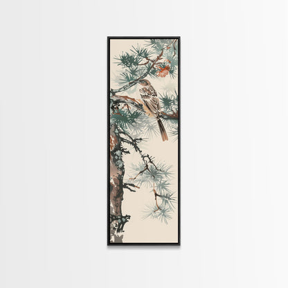 Canvas Print Sparrow Perched On Pine Tree Branch, Subtle And Serene Japanese Nature Scene For Tranquil Home Decor, Wall Decoration