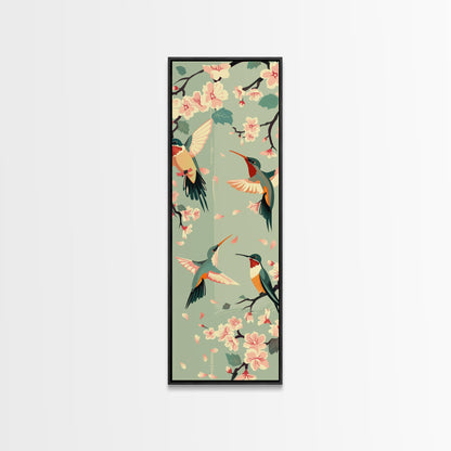 Hummingbirds And Cherry Blossoms In Japanese Style Canvas, Ukiyo-e Inspired Woodblock Art, Framed Canvas Print, Japanese Tall Skinny Wall Art, Ready To Hang