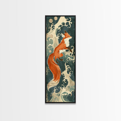 Japanese Style Art Depicting A Fox In Motion Against A Backdrop Of Foamy Waves, Skinny Art, Tall Art, Ukiyo-e Art, Framed Canvas Print, Wood Block Print