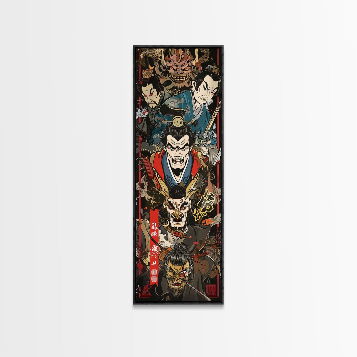Fierce Samurai Warriors With Oni Mask Tall Art Ukiyo-e Art Wood Block Print Framed Canvas Print