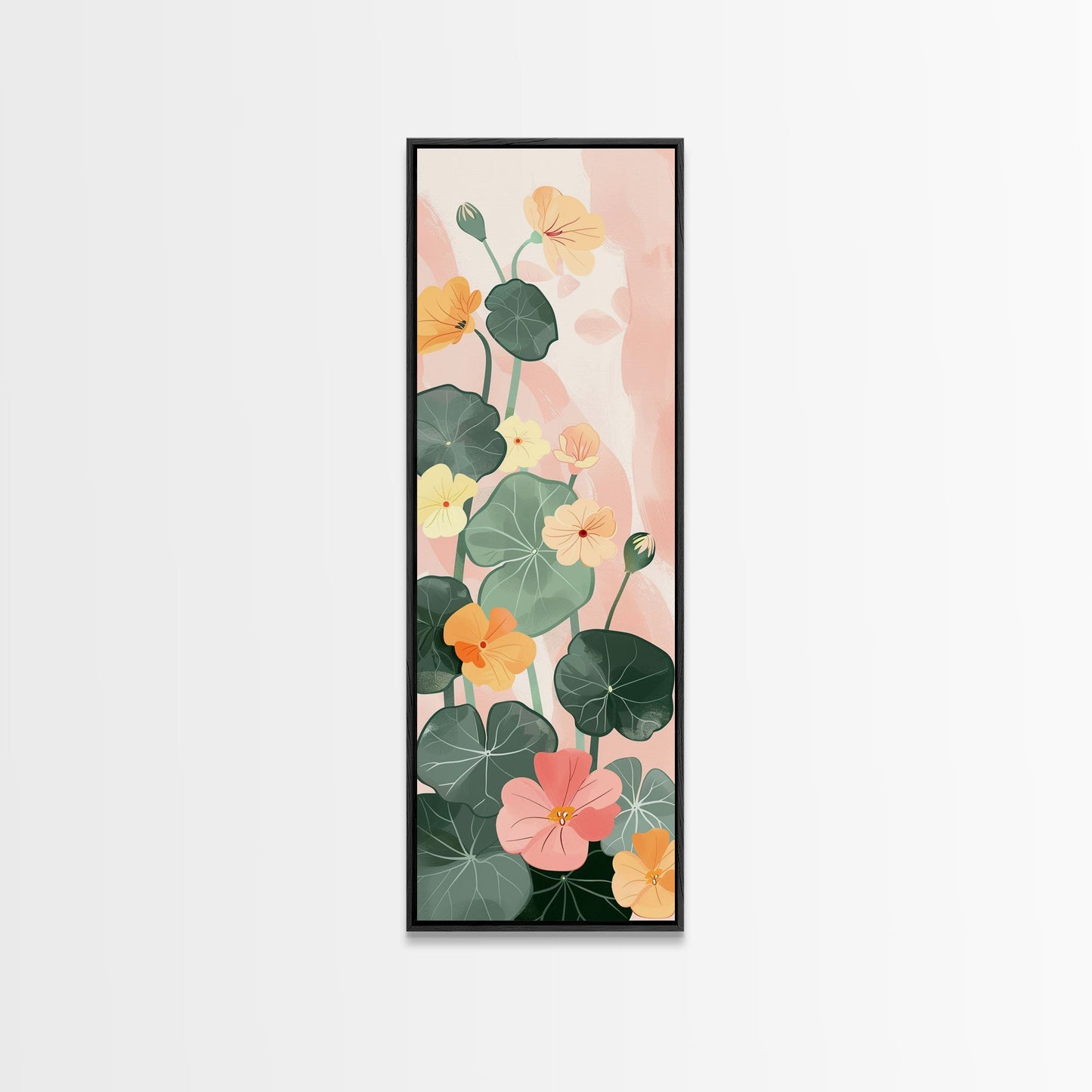 Bright And Colorful Nasturtium Flowers Ukiyo-e Style Tall Skinny Wood Block Japanese Art Framed Canvas Print