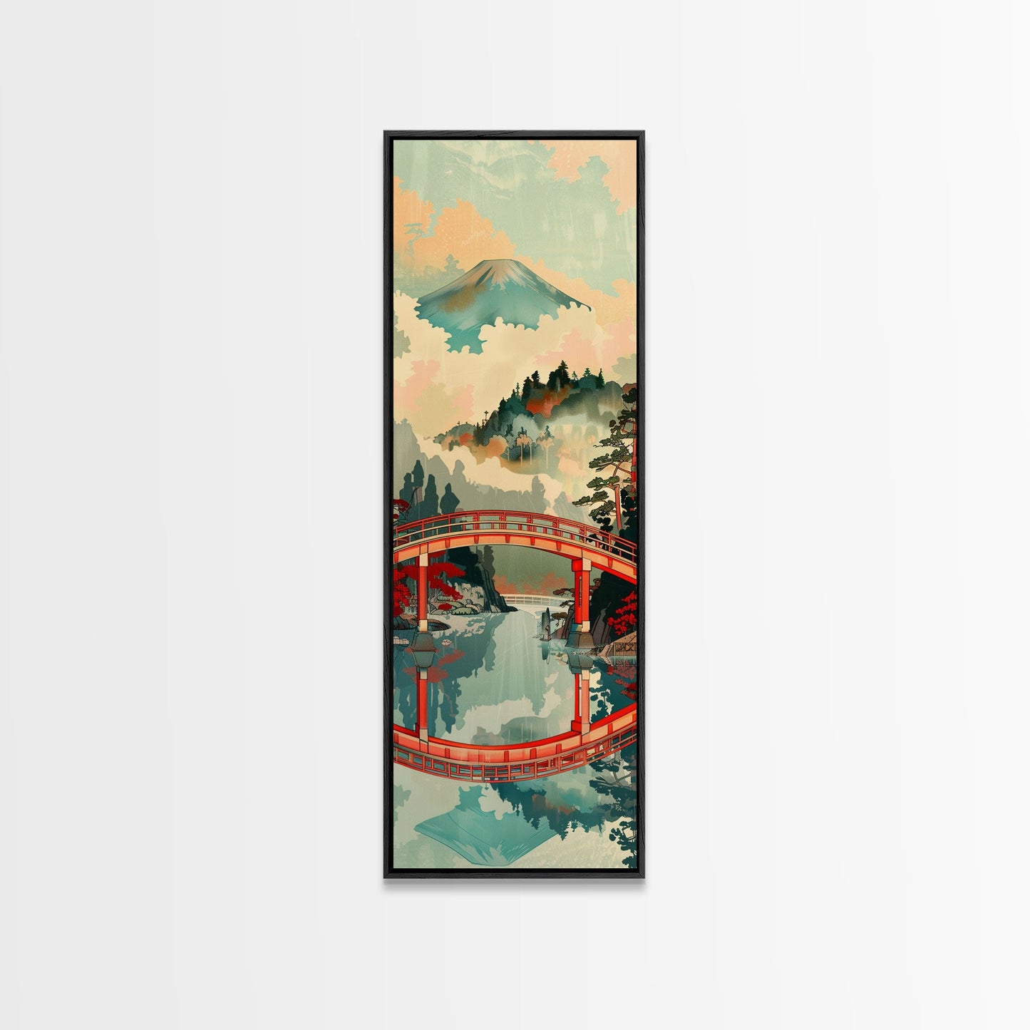 Atemberaubendes Motiv des Berges Fuji mit Spiegelung der roten Brücke, schmaler, hoher Leinwanddruck mit Rahmen, japanisches Wandbild im Feng-Shui-Stil