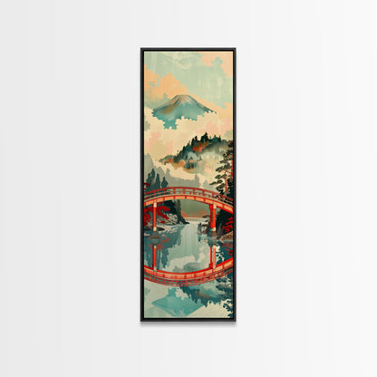 Atemberaubendes Motiv des Berges Fuji mit Spiegelung der roten Brücke, schmaler, hoher Leinwanddruck mit Rahmen, japanisches Wandbild im Feng-Shui-Stil