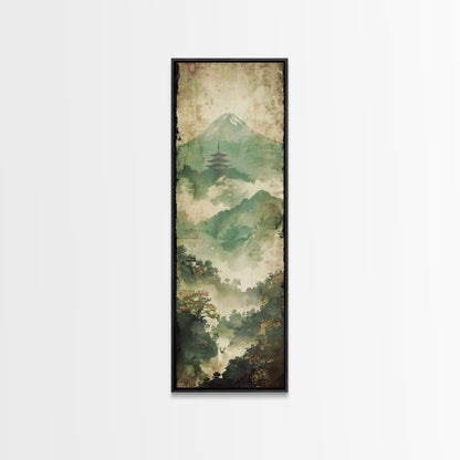 Skinny Art Tall Art Framed Canvas Print Japanese Style Art Foggy Mountain Temple Landscape Wood Block Print Ukiyo-e Feng Shui Wall Art