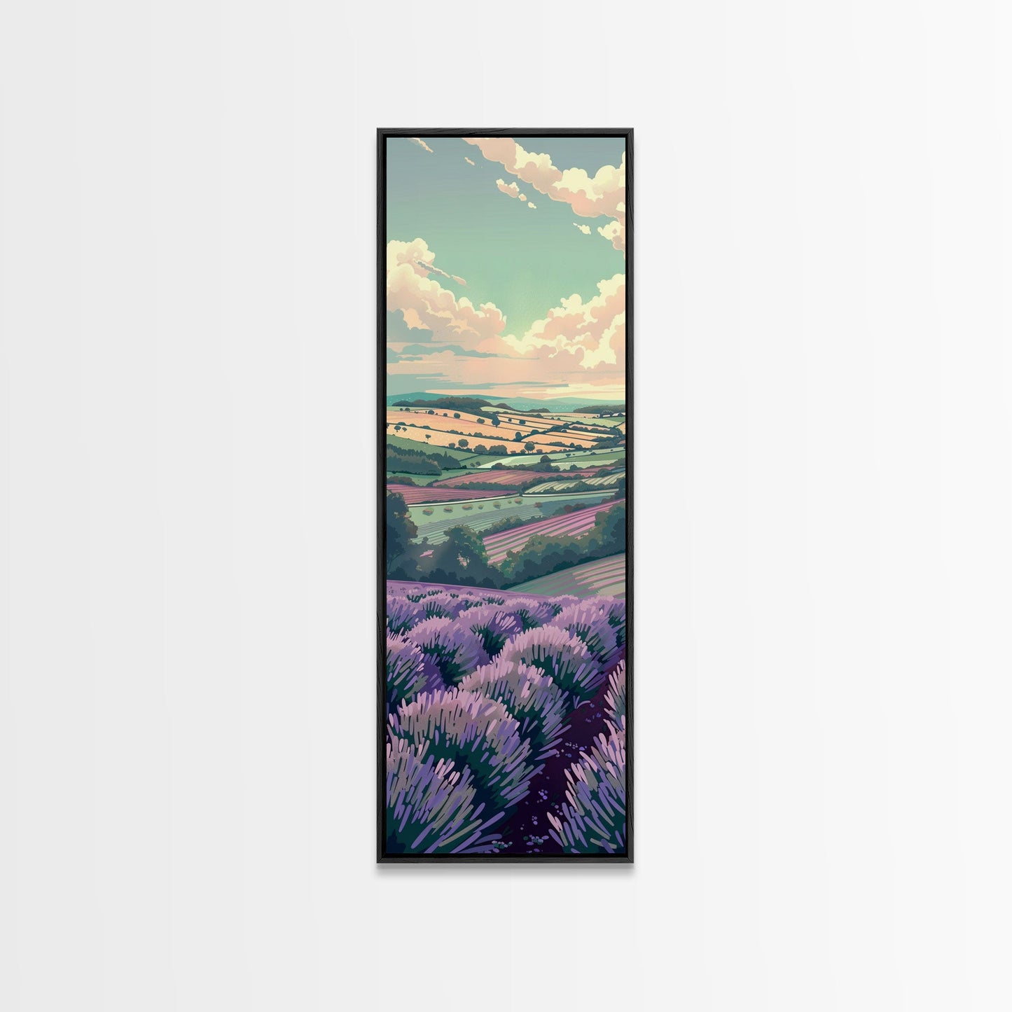 Lavender Fields With Rolling Hills - Skinny Art Tall Art Framed Canvas Print Japanese Style Art Ukiyo-e Art