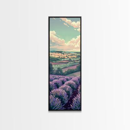 Lavender Fields With Rolling Hills - Skinny Art Tall Art Framed Canvas Print Japanese Style Art Ukiyo-e Art
