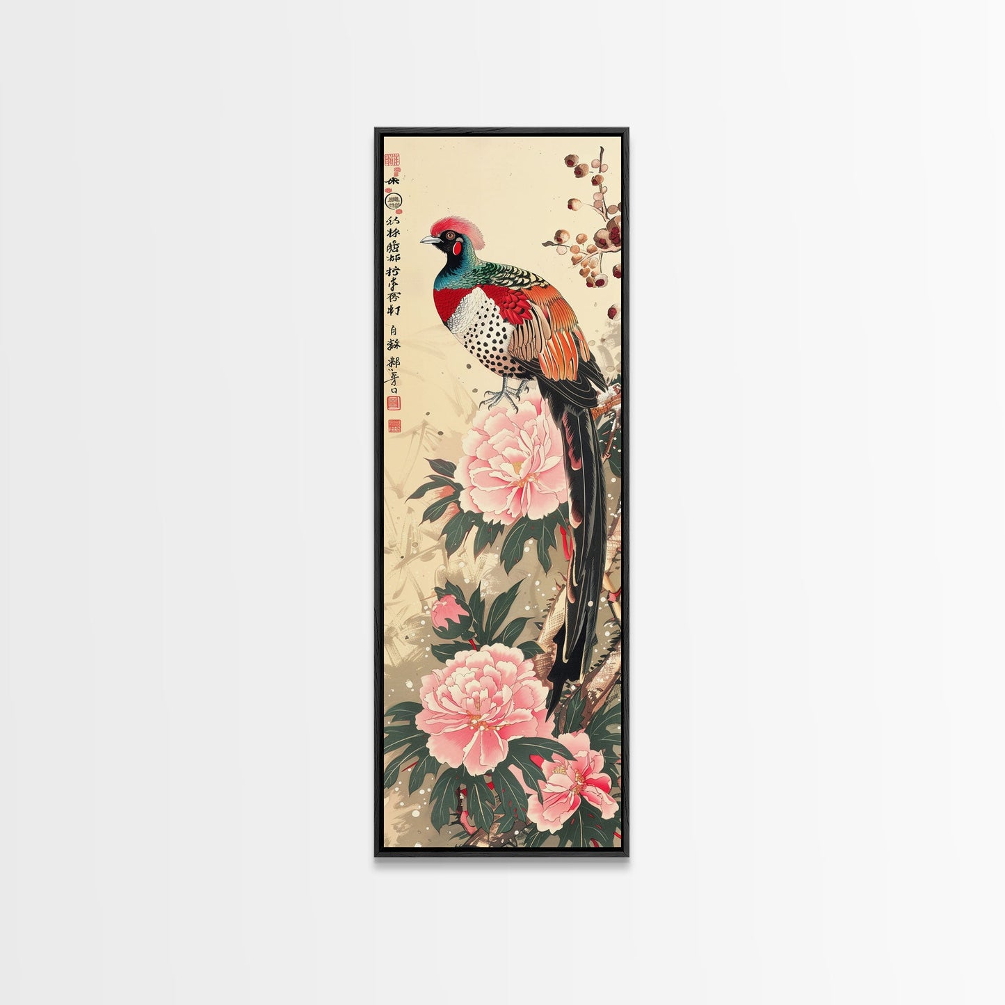 Majestic Pheasant Among Blossoms And Red Berries In Traditional Ukiyo-e Art Framed Canvas Print Japanese Style Skinny Art Tall Art