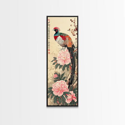 Majestic Pheasant Among Blossoms And Red Berries In Traditional Ukiyo-e Art Framed Canvas Print Japanese Style Skinny Art Tall Art