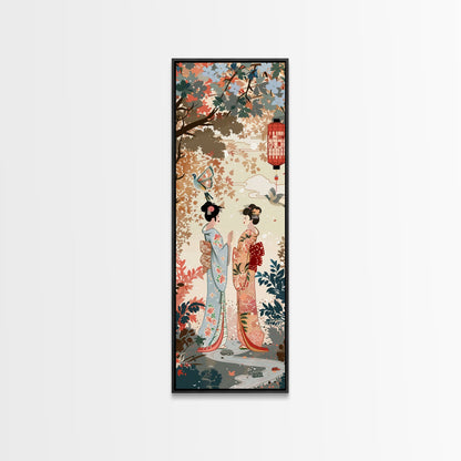 Traditional Geishas Skinny Art Tall Art Japanese Ukiyo-e Inspired Framed Canvas Print for Elegant Home and Office Decor