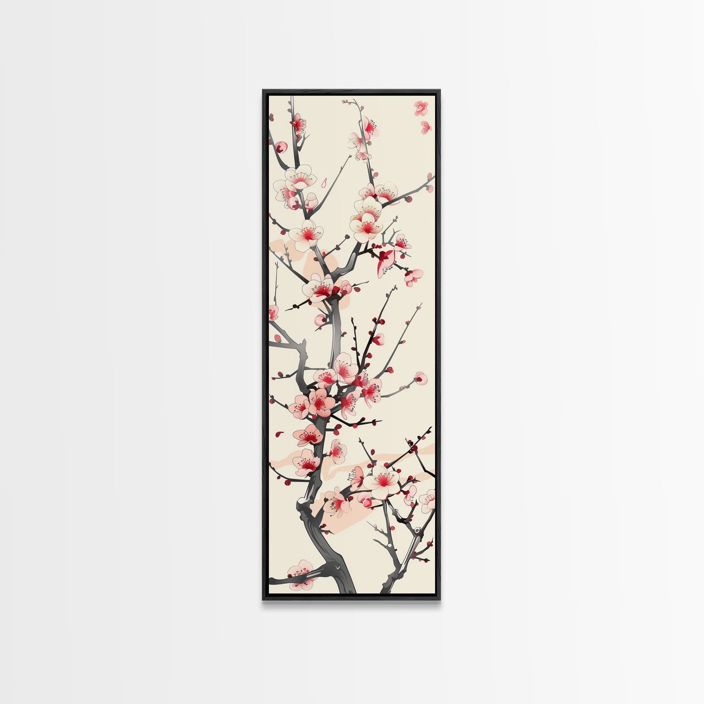 Delicate Plum Blossoms Skinny Art Tall Art Japanese Ukiyo-e Inspired Botanical Framed Canvas Print for Sophisticated Interiors