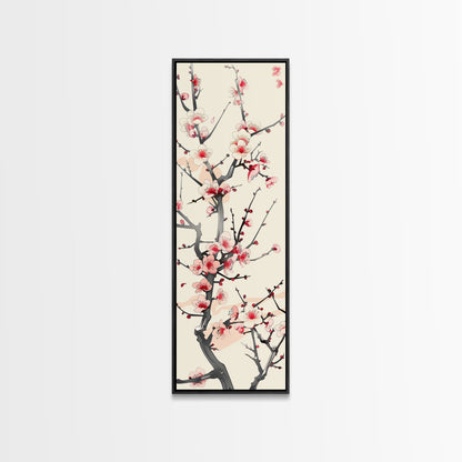 Delicate Plum Blossoms Skinny Art Tall Art Japanese Ukiyo-e Inspired Botanical Framed Canvas Print for Sophisticated Interiors