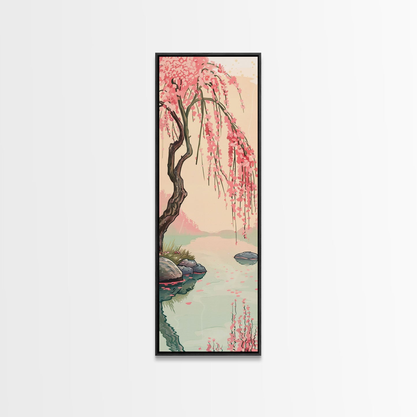 Serene Weeping Cherry Tree with Gentle Reflections in Water - Skinny Art, Japanese Wall Decor, Framed Canvas Print, Ukiyo-e Style
