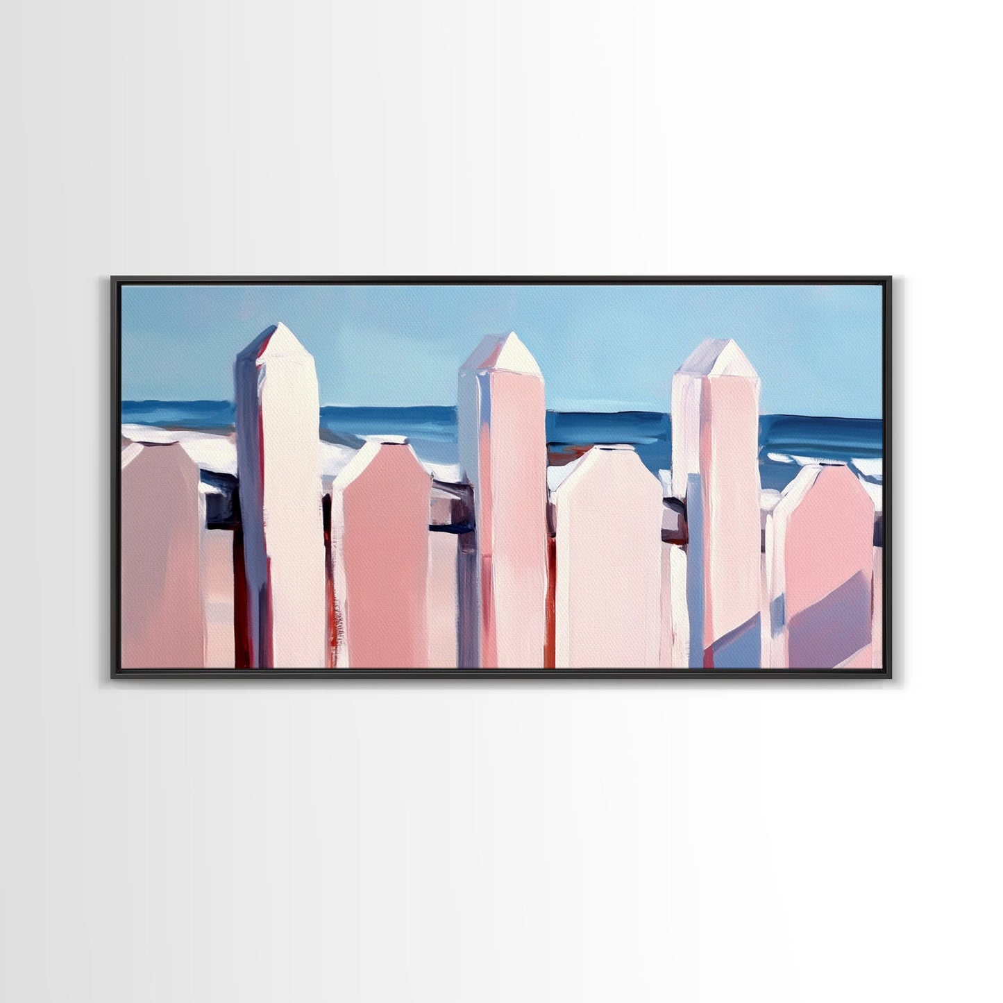 Beach Fence Painting, Coastal Landscape Art, Nautical Wall Decor, Soft Pastel Colors, Framed Canvas Print, Extra Wide Art, Seaside Home
