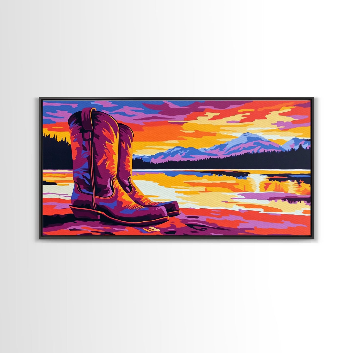 Cowboy boots, lake sunset, mountain painting, rustic western art, farmhouse decor, vibrant colors, extra wide art, canvas print