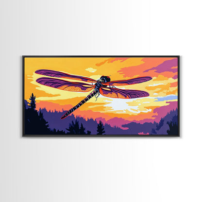 Dragonfly Glow, whimsical art, nature painting, wildflower painting, botanical prints, pink orange wall art, framed canvas print