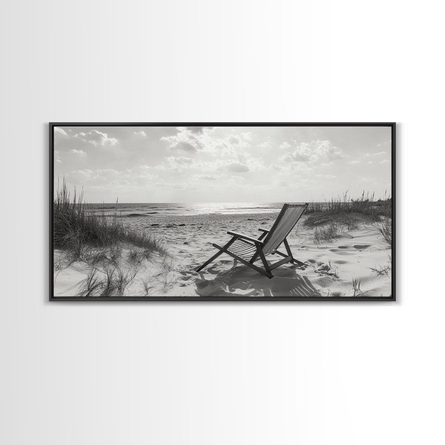 Beach Chair, Coastal Landscape Art, Minimalist Art, Wabi Sabi Art, Ocean View Print, Relaxing Decor, Framed Canvas Print, Nautical Wall Art