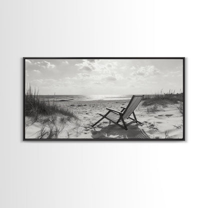 Beach Chair, Coastal Landscape Art, Minimalist Art, Wabi Sabi Art, Ocean View Print, Relaxing Decor, Framed Canvas Print, Nautical Wall Art
