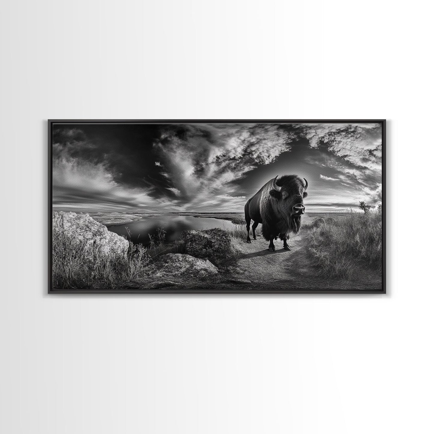 Bison Landscape, Southwest Wall Art, Rustic Wall Art, Moody Art, Panoramic Art, Extra Wide Art, Nature Wall Art, Framed Canvas Print